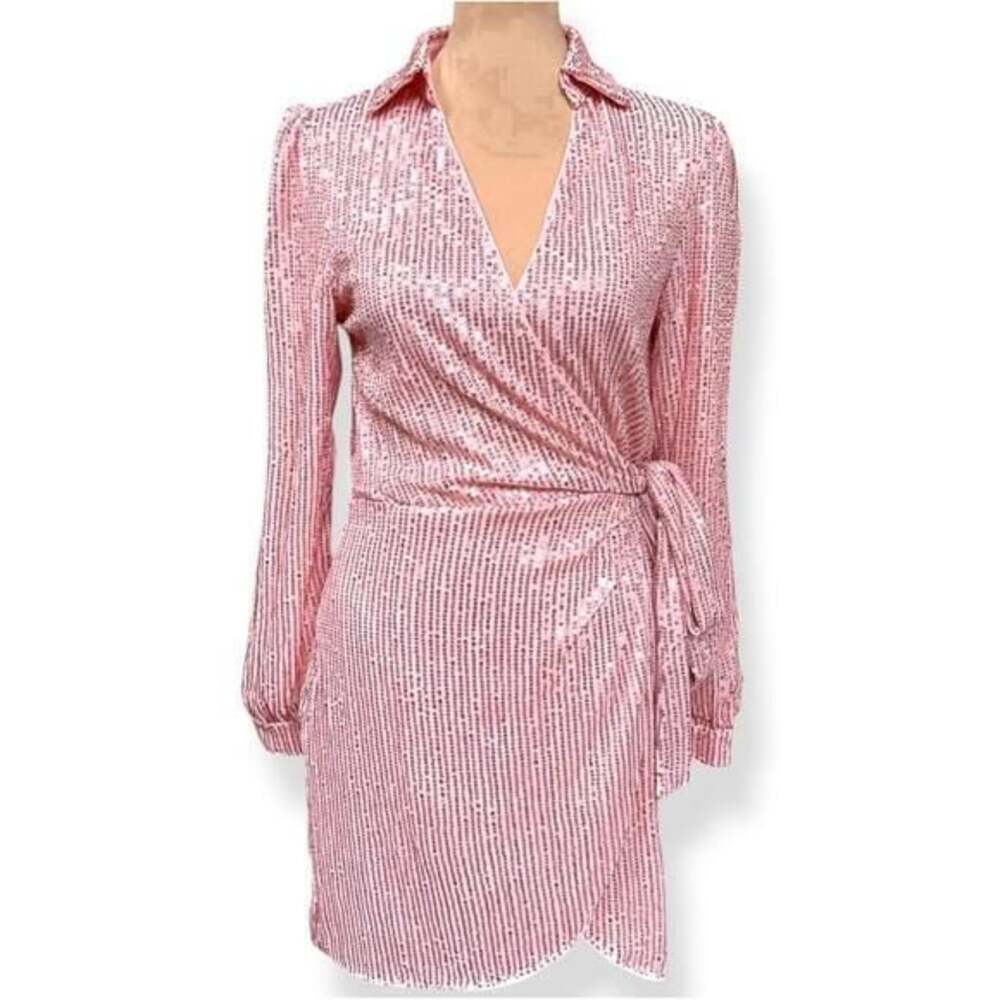 Pink Sequin Barbiecore Long Sleeve Wrap Mini Dress Tie Waist Party Cocktail Sz S